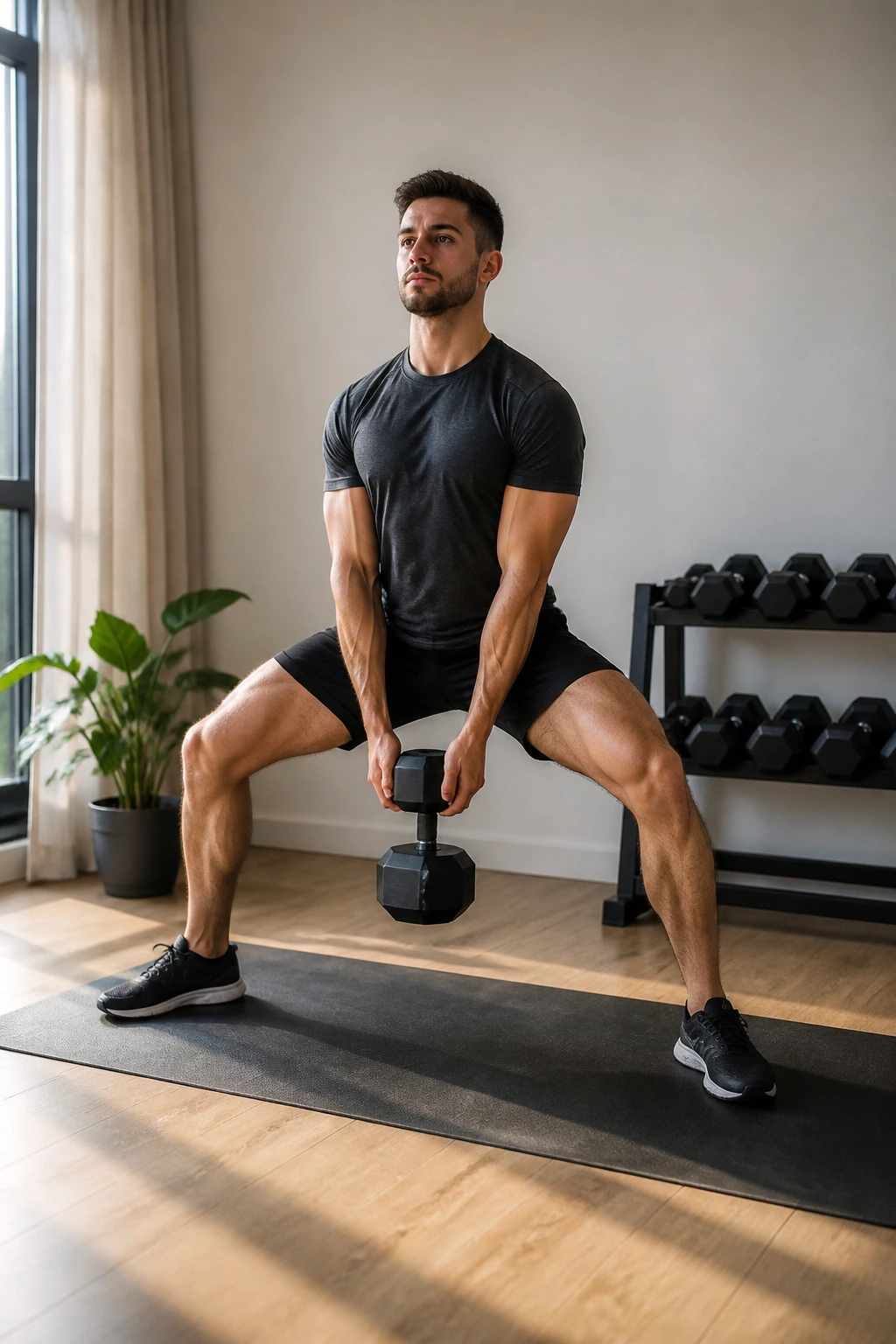 Person performing a sumo deadlift with a dumbbell in a home gym.