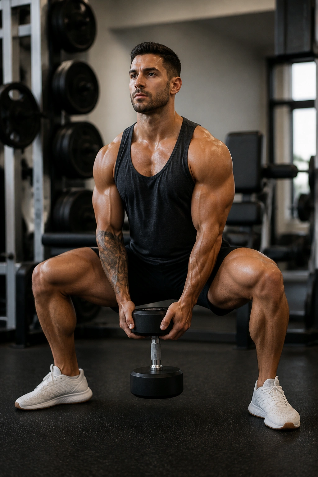 Medium-close shot of a person doing dumbbell sumo squats with a weight between legs in a gym.
