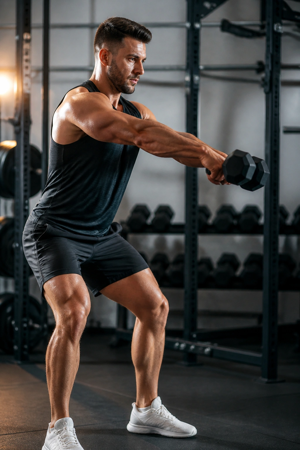 Person performing a hip-snap dumbbell swing in a gym