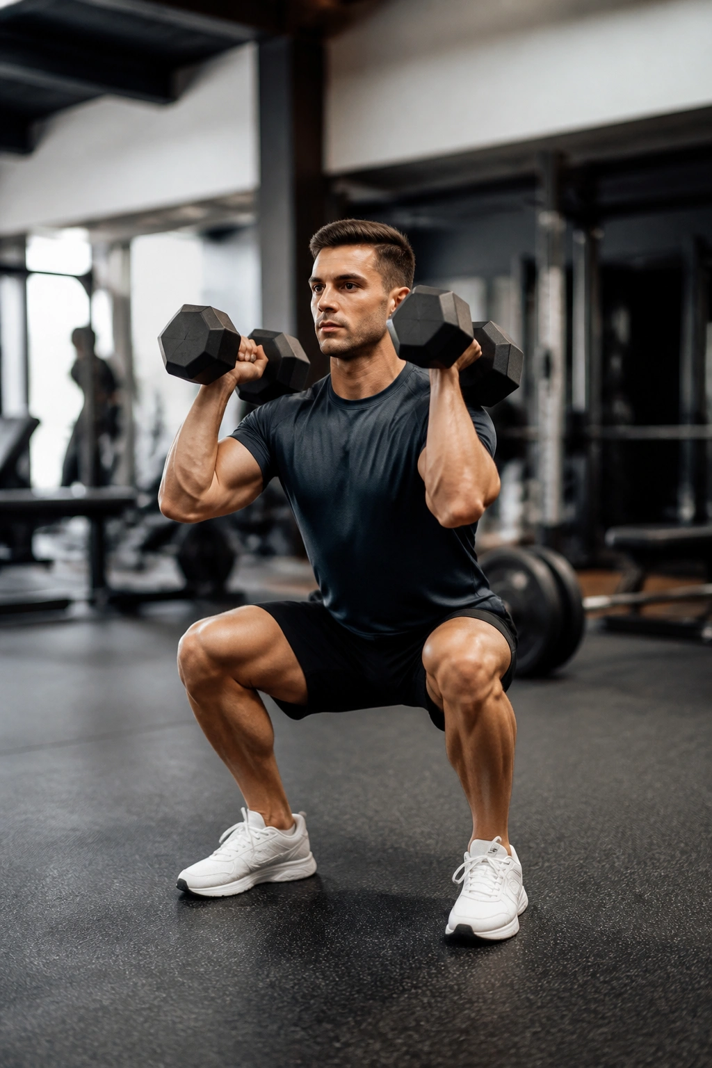 Three-quarter front view of a person performing a dumbbell thruster in a gym.