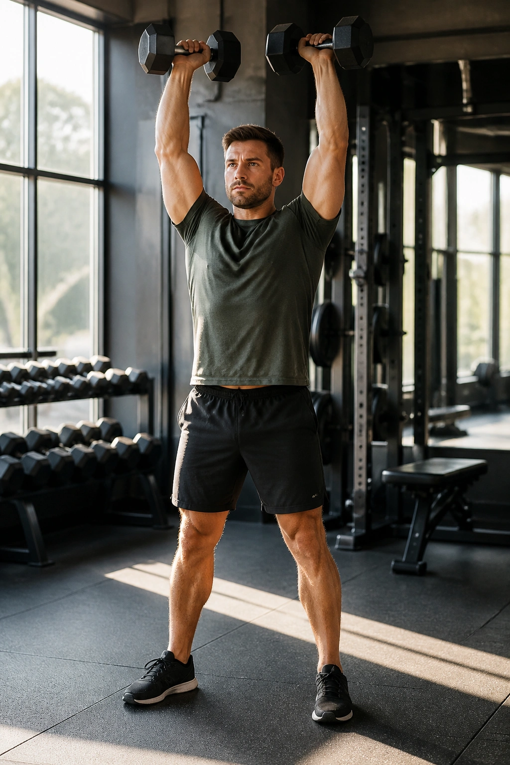 Real person doing a dumbbell thruster in a gym during a workout