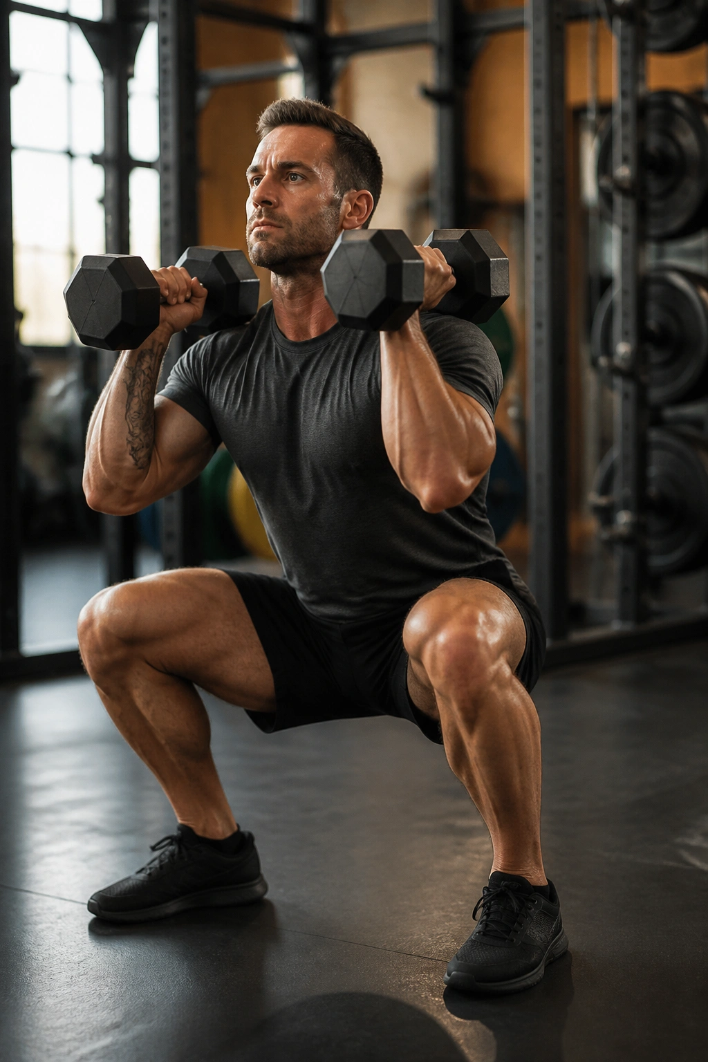 Close-up of lifter performing a dumbbell thruster in a gym