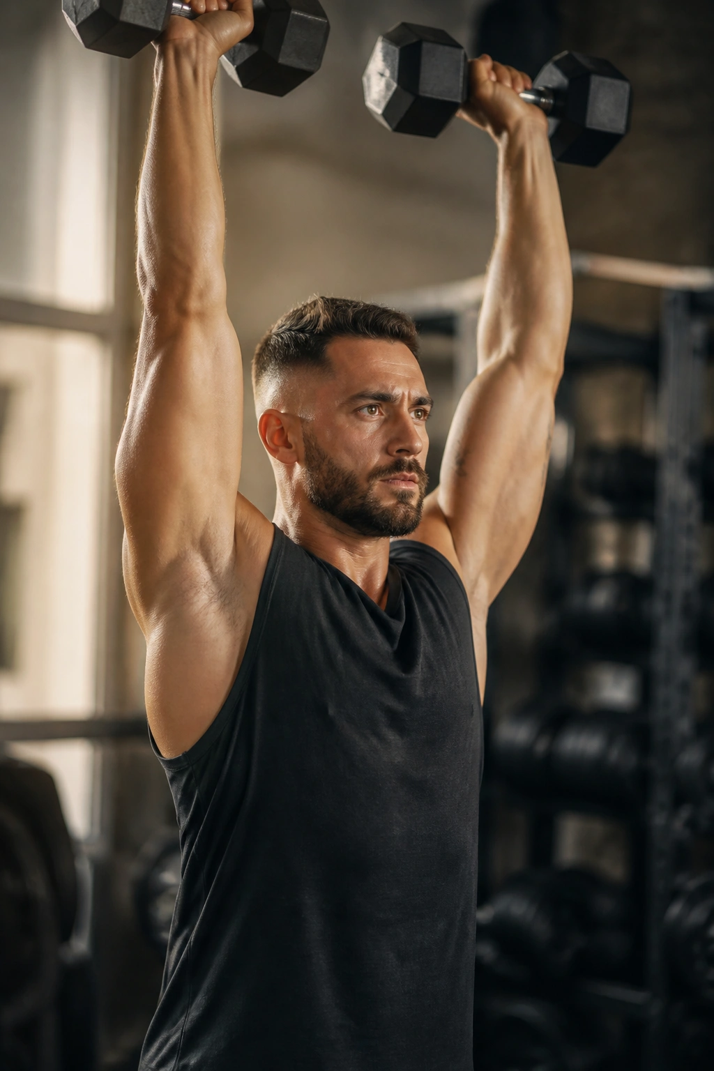 Close-up of athlete performing a dumbbell thruster in a gym with warm window light