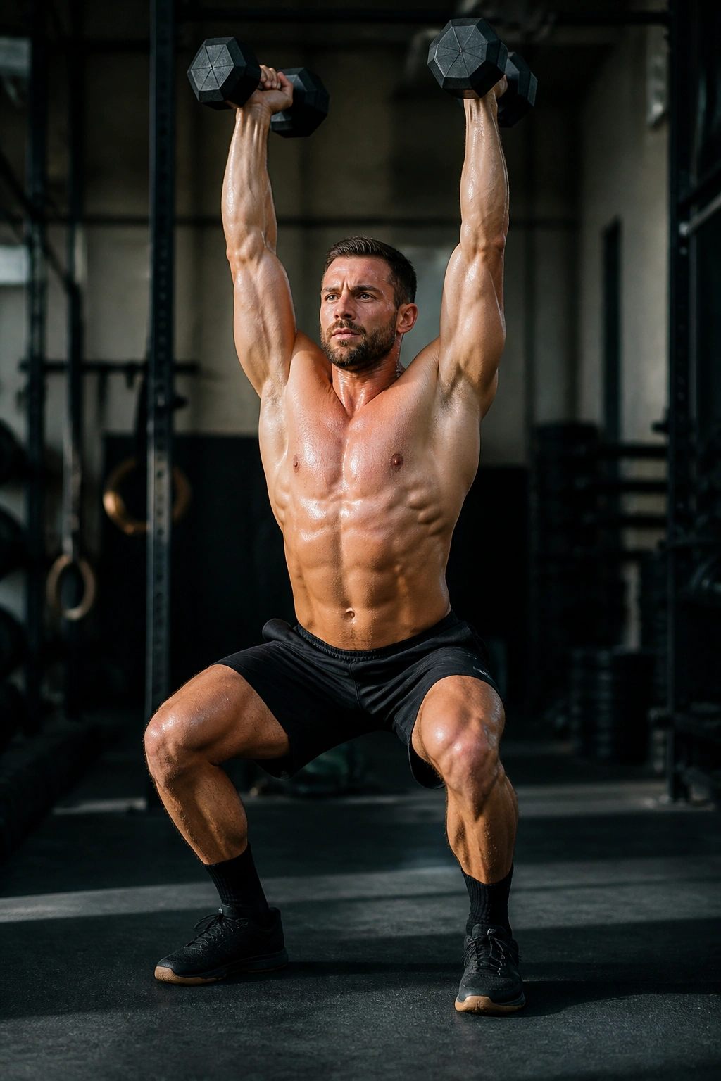 Athlete doing dumbbell thruster in gym for HIIT