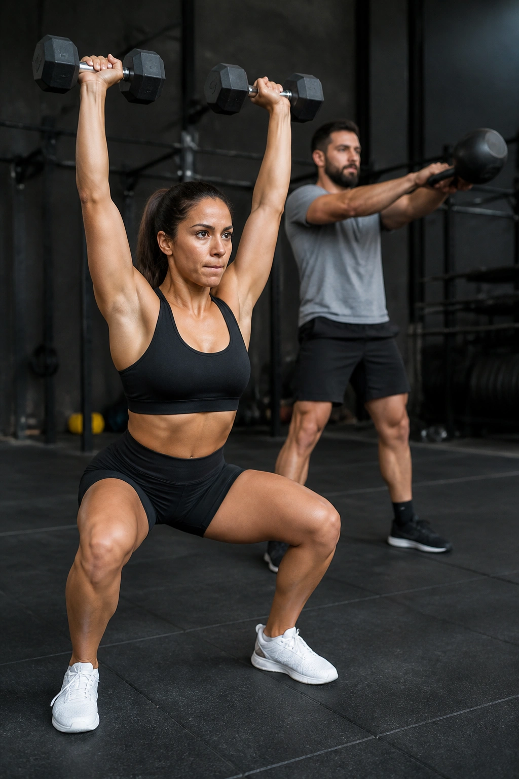 Athlete performing dumbbell thruster with kettlebell swing in a gym