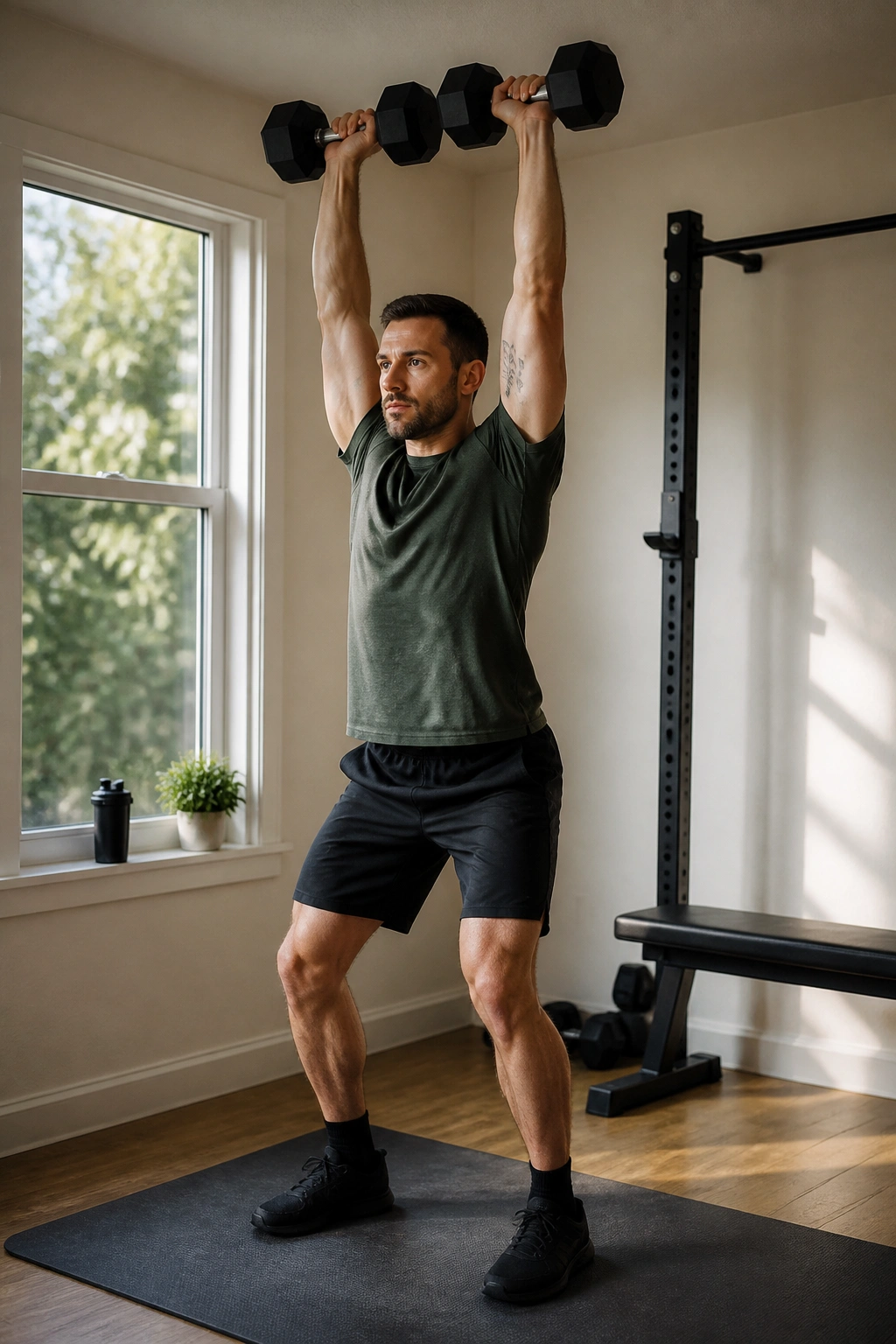 Person performing a dumbbell thruster with dumbbells at shoulders and overhead press.