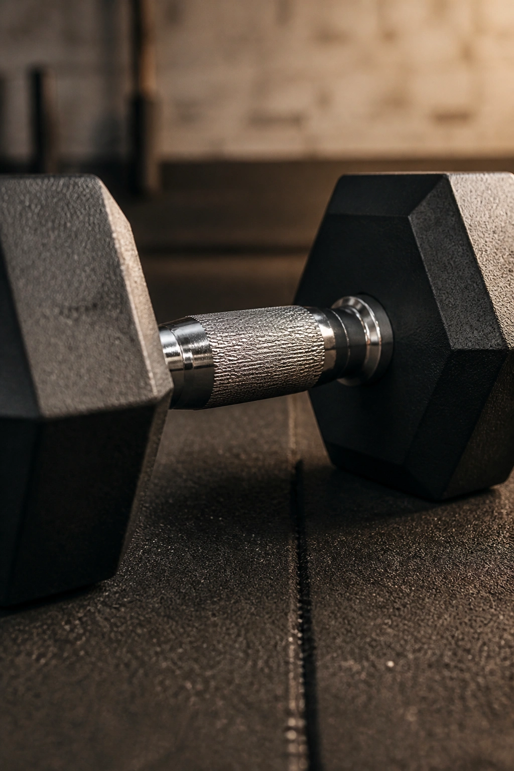 Close-up of a dumbbell on a gym floor, knurled grip visible.