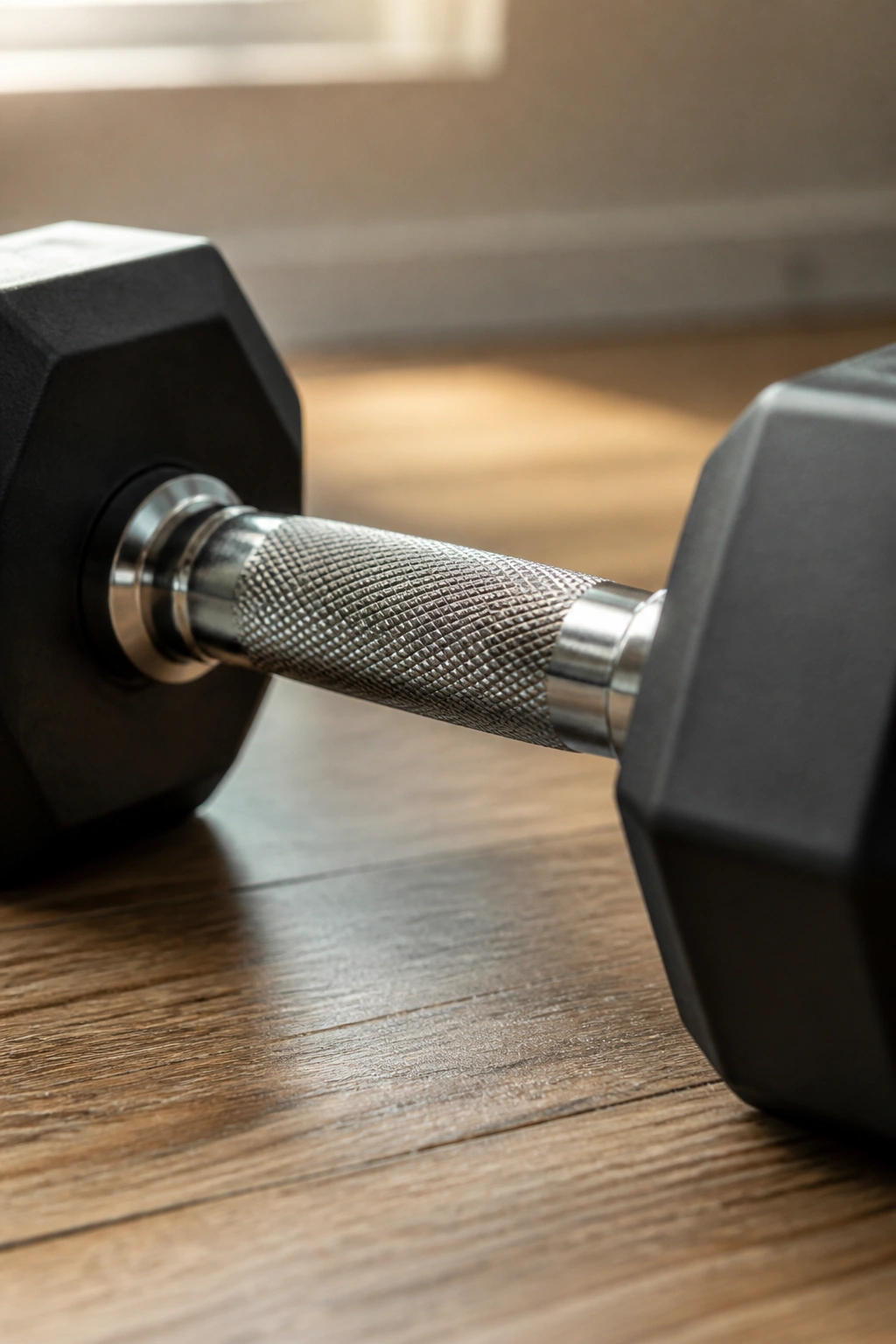 Close-up of a dumbbell on a minimal home gym backdrop.