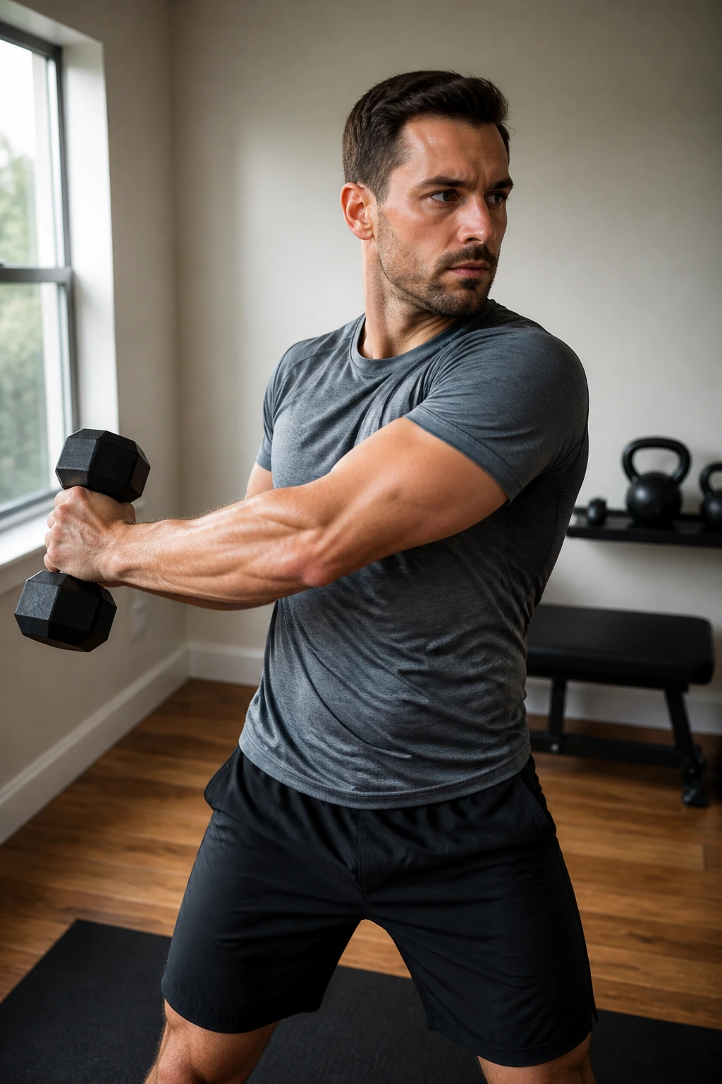 Close-up of a person performing a dumbbell wood chop in a home gym, showing torso rotation and core engagement