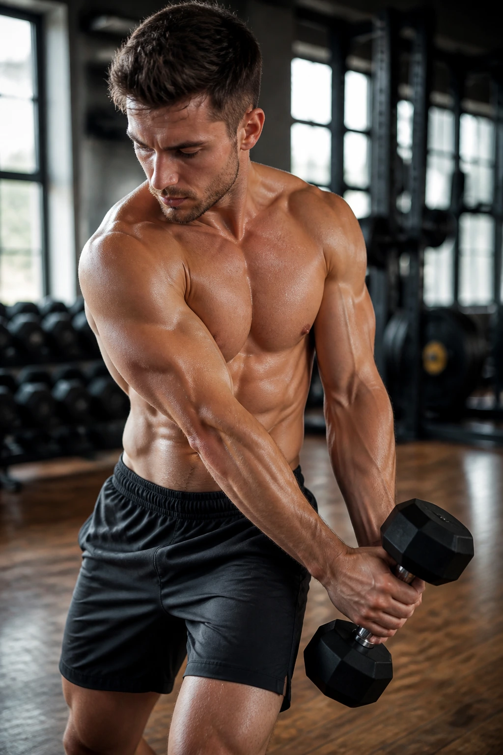 Close-up of a fit person performing a dumbbell wood chop showing oblique engagement in a gym
