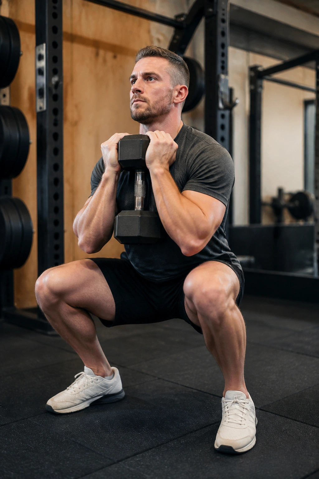 Athlete performing Zercher squat with dumbbell in elbows