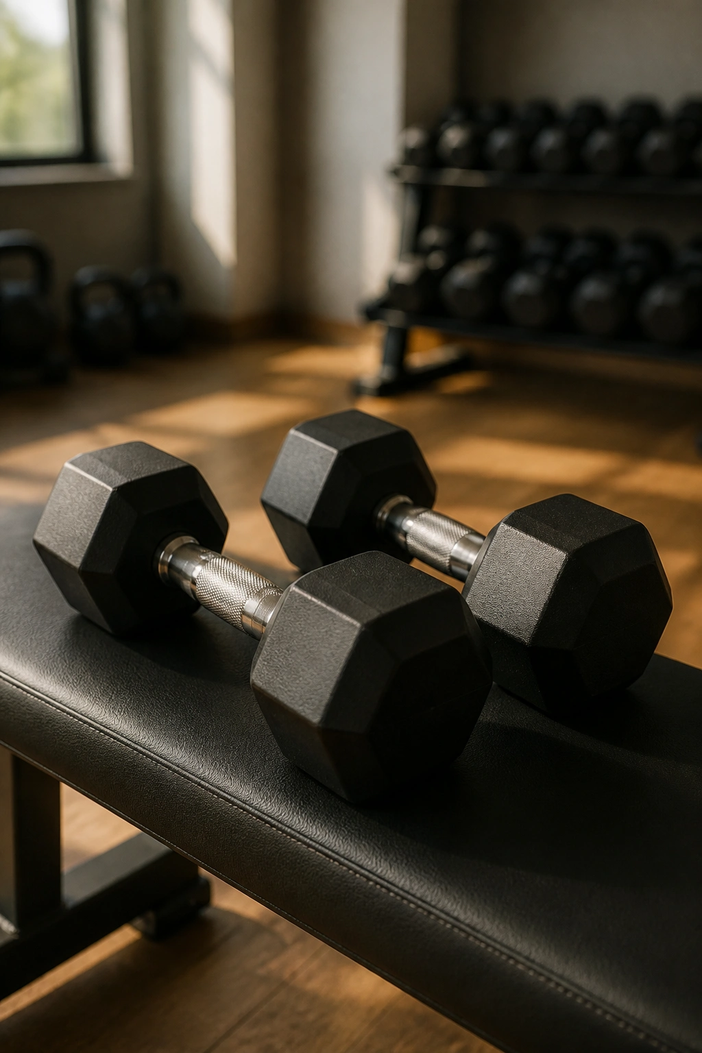 Close-up of two dumbbells on a gym bench in sunlit workout space