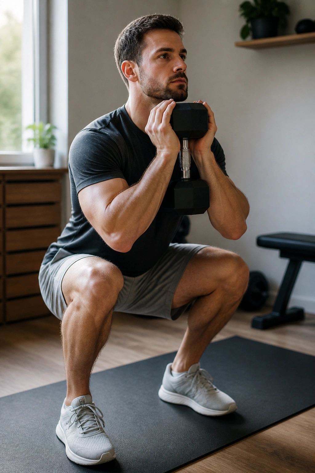Close-up of a person doing goblet squat with dumbbell in a small home gym