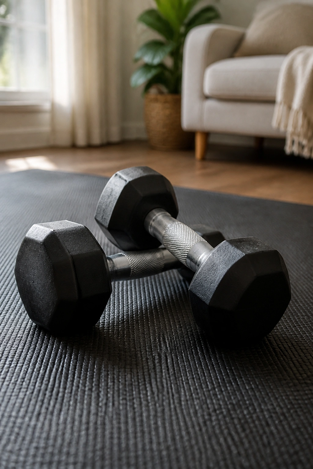 Close-up of dumbbells on a mat in a home workout space.