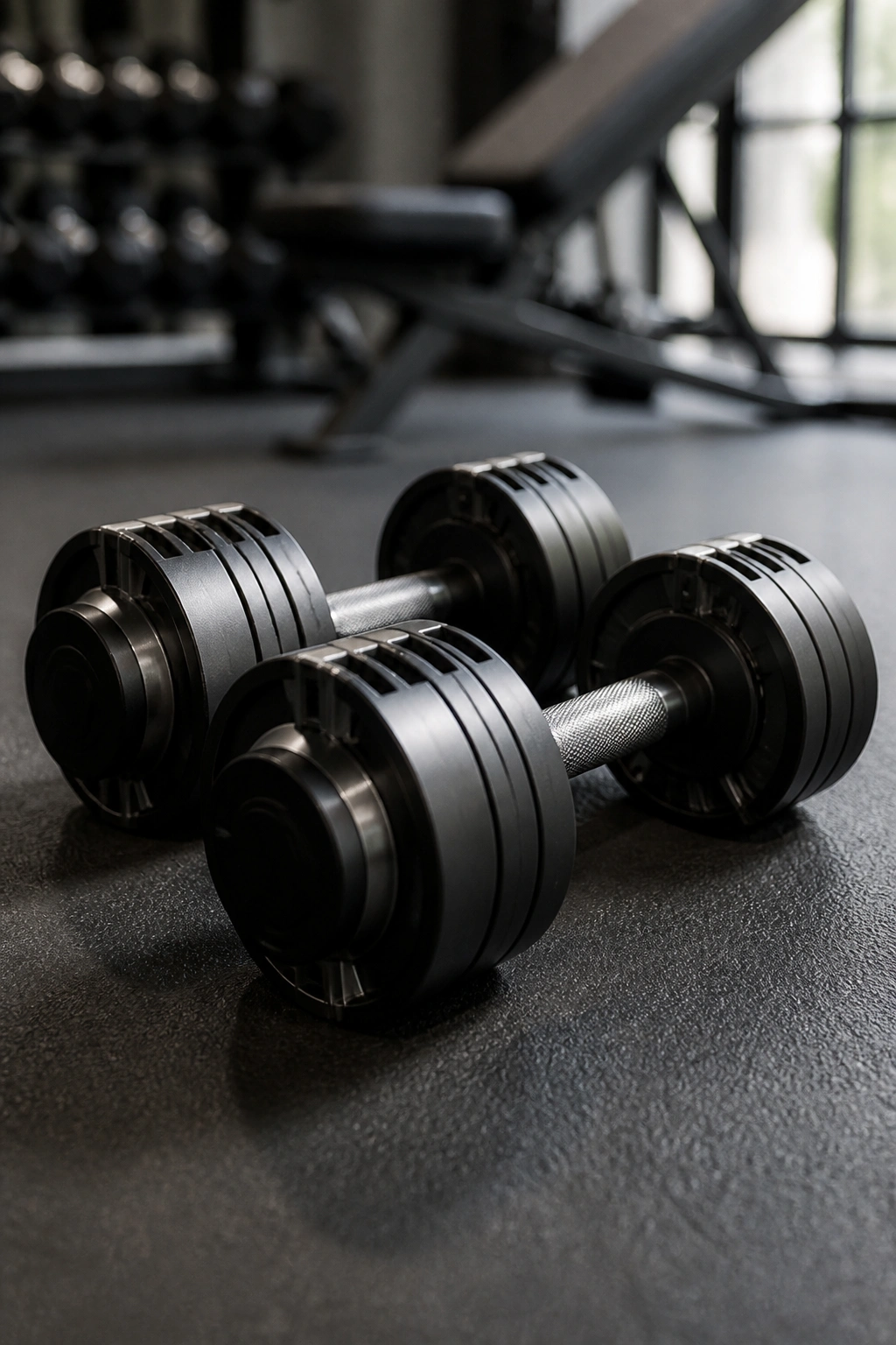 Two dumbbells on gym floor, no visible numbers