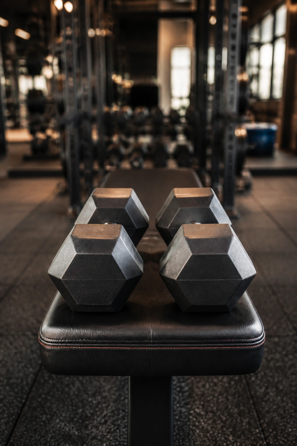 Close-up of two identical dumbbells on a gym bench showing symmetry