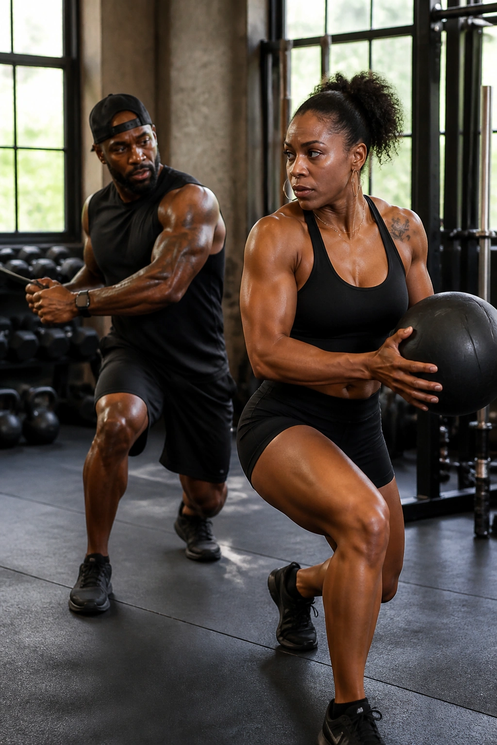 Dynamic duo Juice and Toya performing functional HIIT in gym