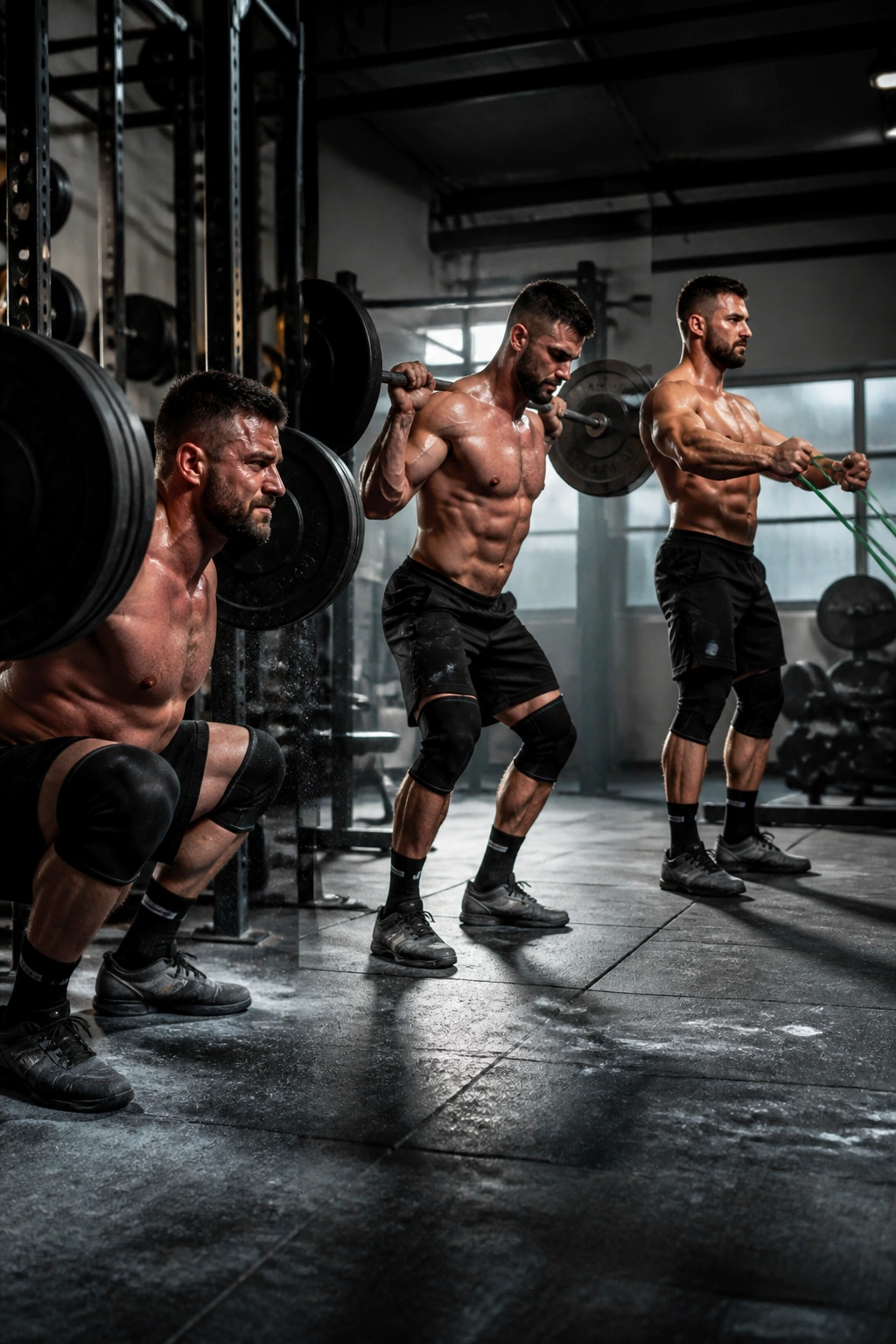Lifters perform heavy, moderate, and light work in a gym to illustrate daily undulating periodization