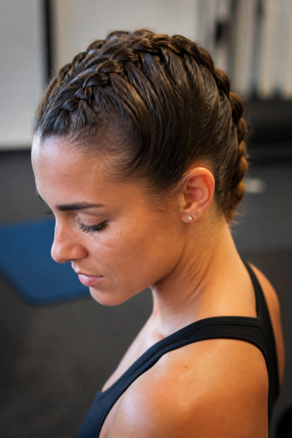 Close-up of a real person wearing a Dutch braid during a workout