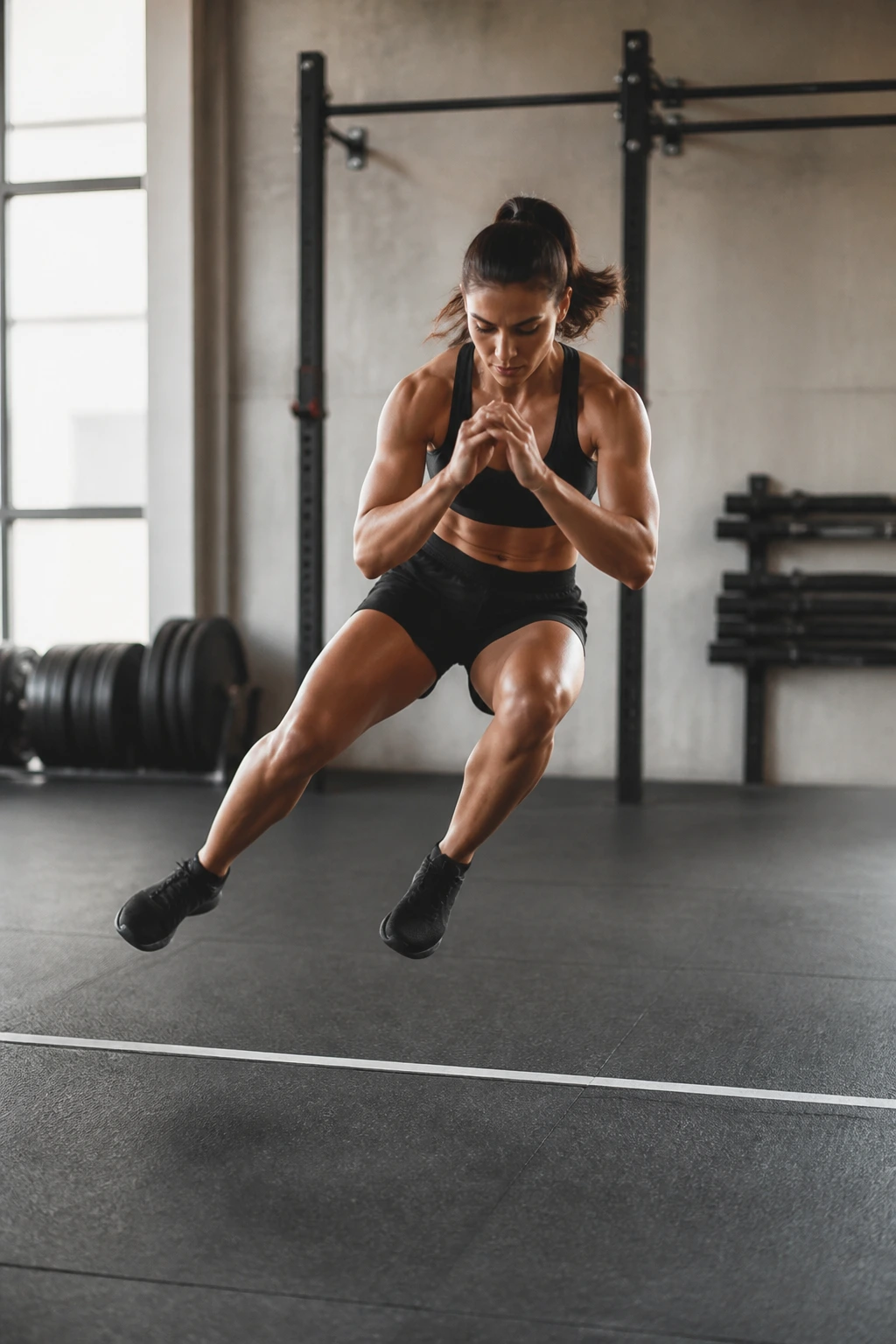 Athlete performing rapid lateral squat jumps over a line in a gym
