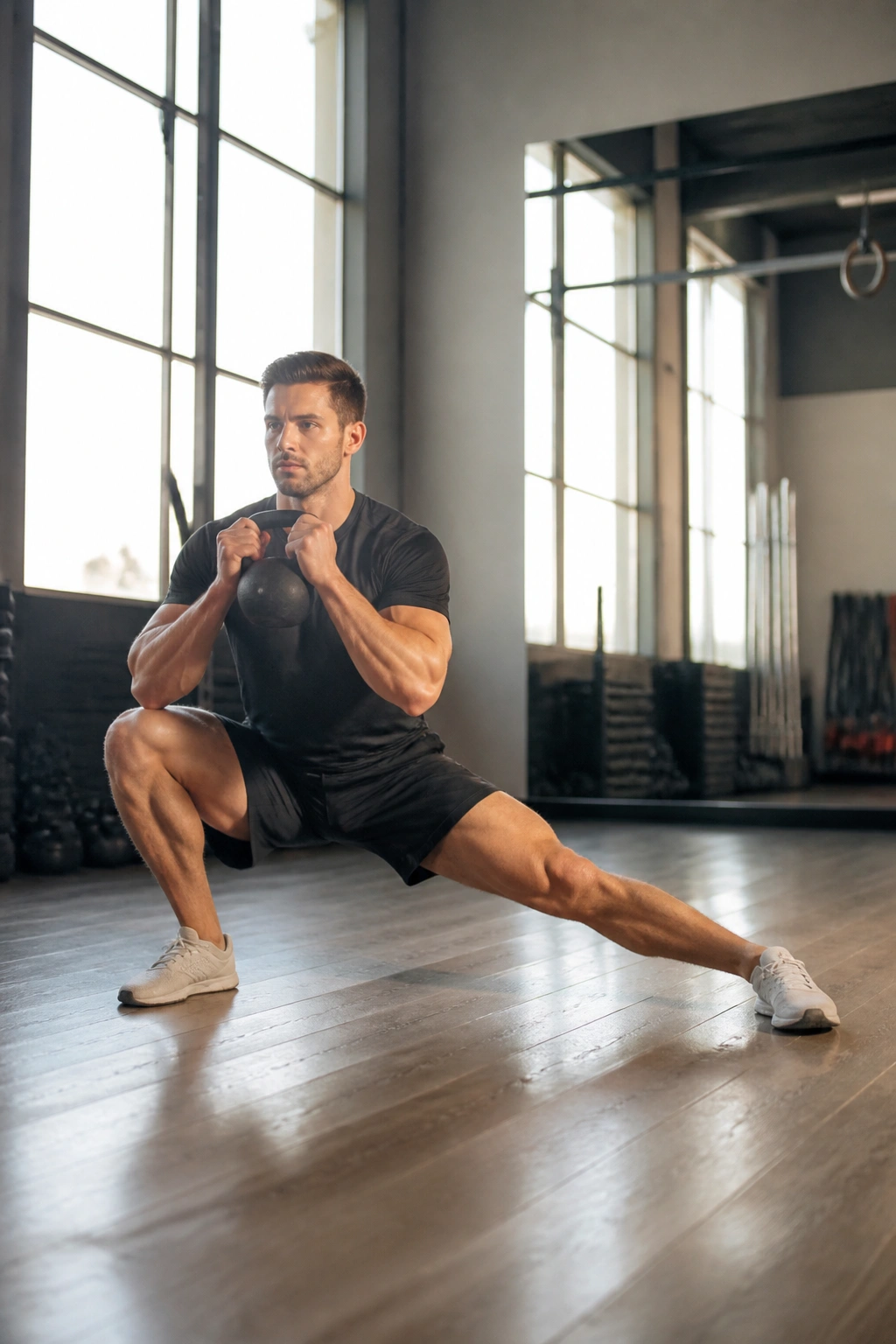 Mid-transition from goblet squat to cossack squat during dynamic day