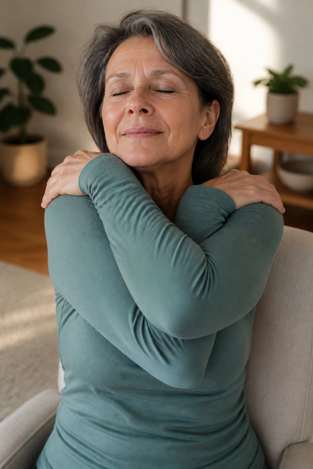 Close-up of a real adult performing Eagle Arms stretch to release upper back tension