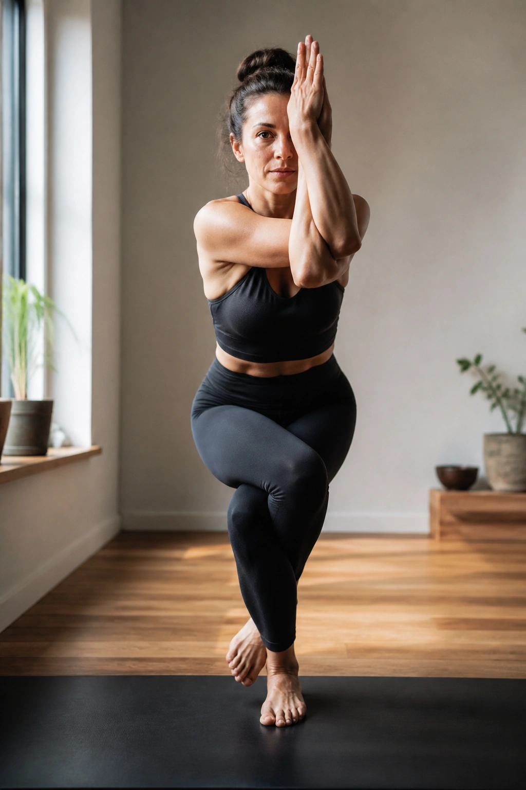 Real person in eagle pose balance in a bright studio