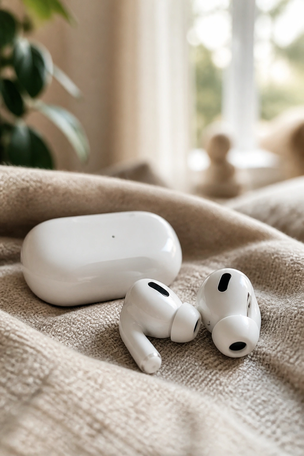 Wireless earbuds and case on a soft fabric with a cozy home background