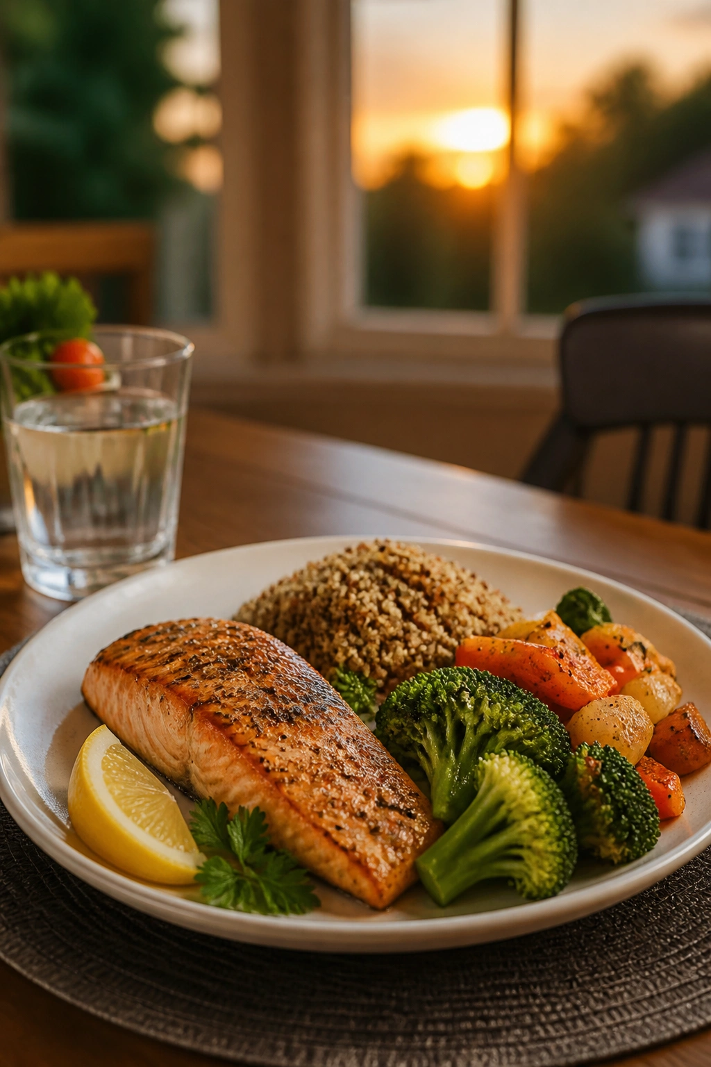 Dinner plate with balanced meal in warm evening light