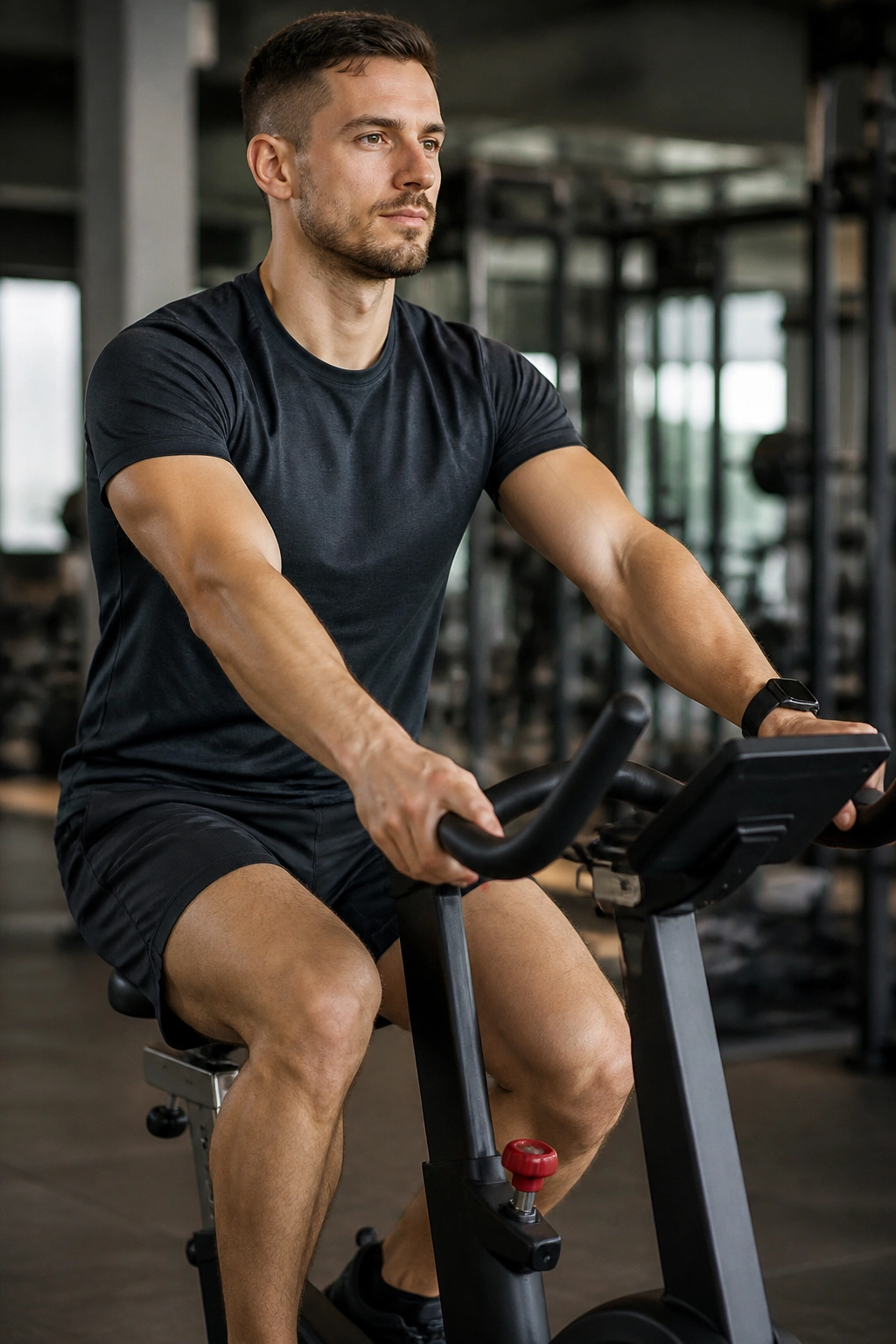 Person cycling on a stationary bike in a gym for recovery