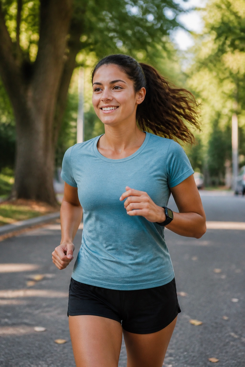 Portrait of a runner at easy pace with relaxed shoulders on a tree-lined path
