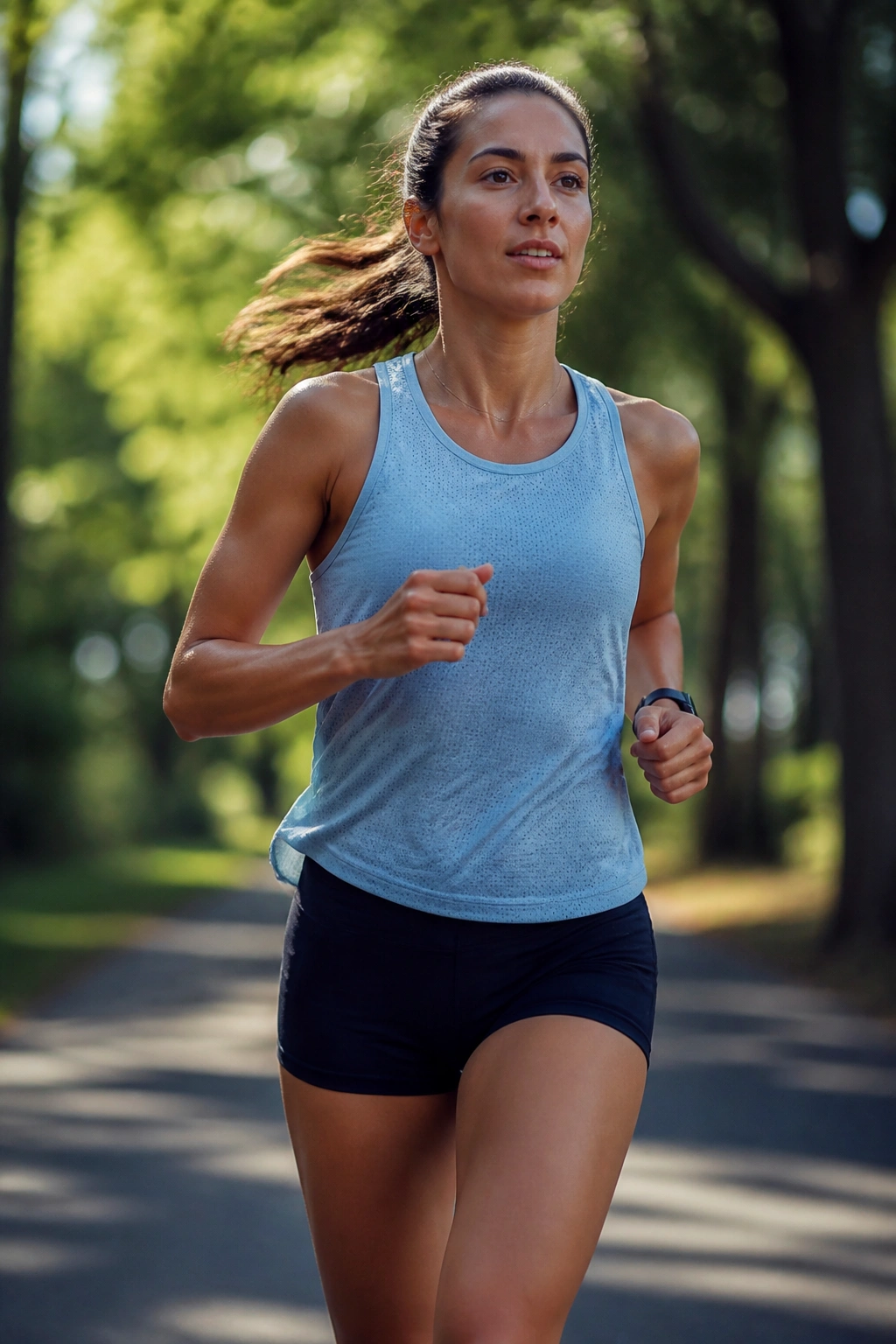 Close-up of a real runner mid-stride on a park path during an easy run with strides