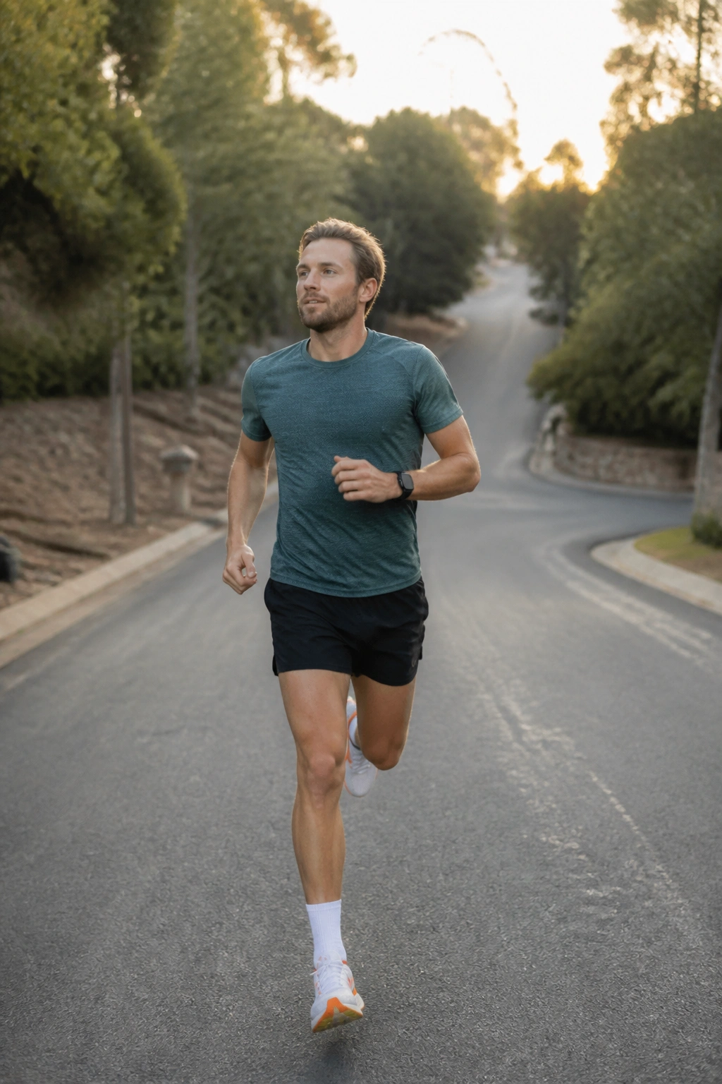Mid-shot of a runner in relaxed stride on a quiet road