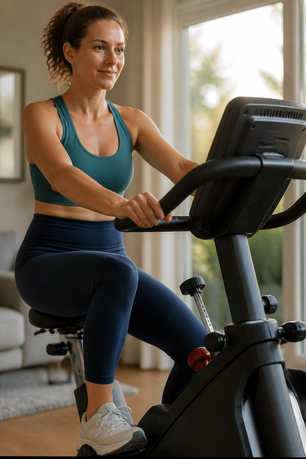 Person gently pedaling on stationary bike for recovery