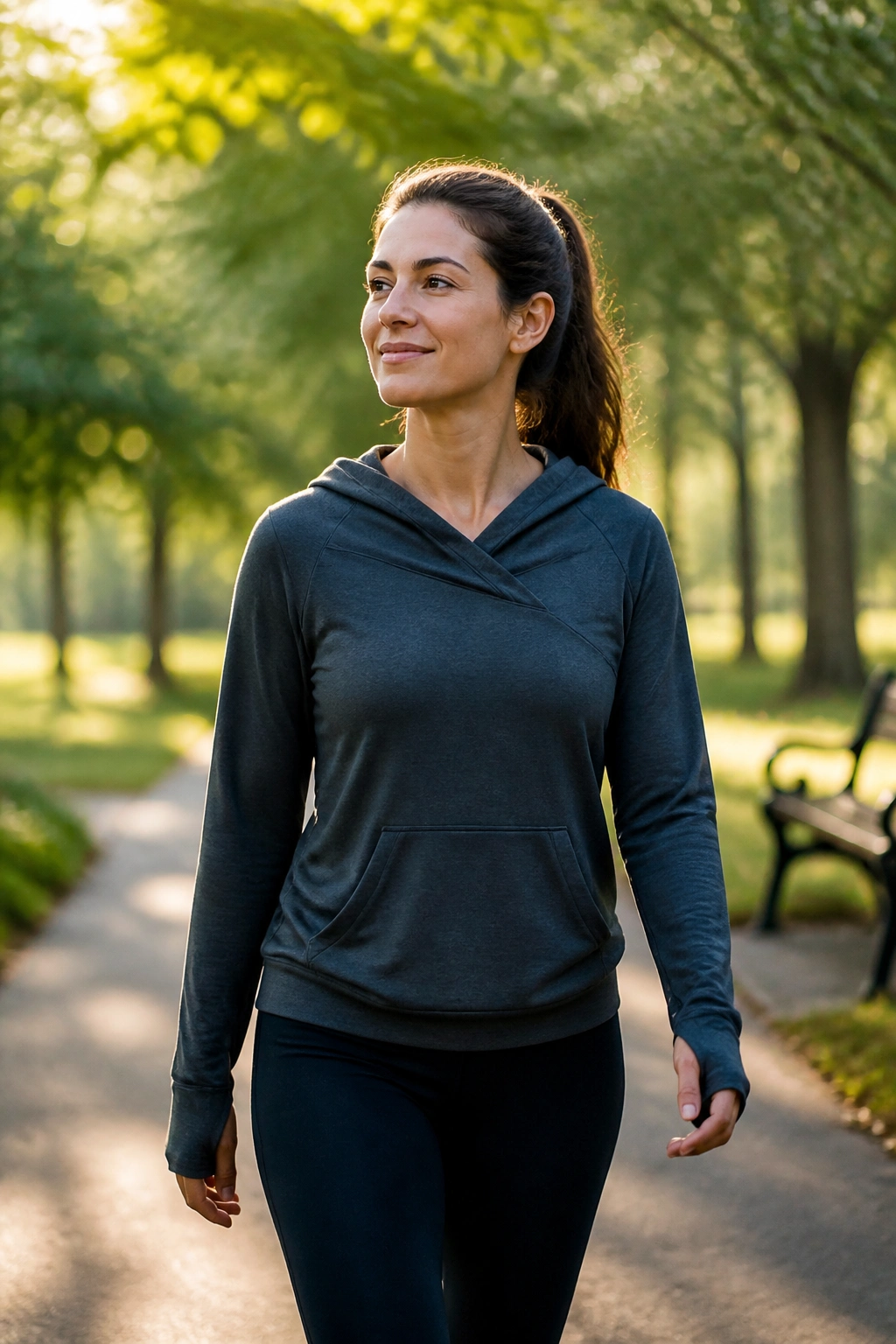 Portrait of a person walking slowly in a sunlit park with a calm expression