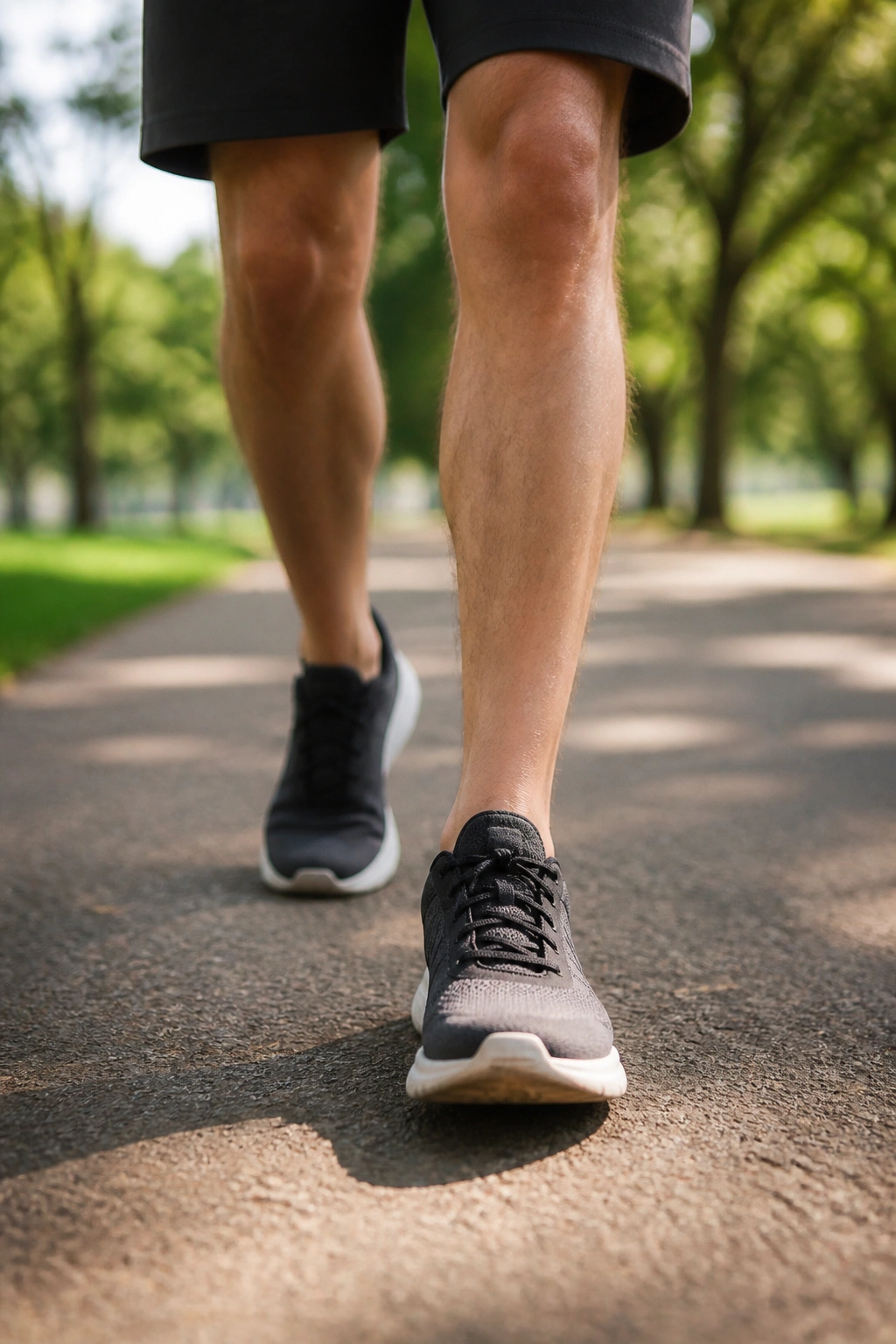 Close-up of a real person’s legs and feet in mid-step during easy walking on a sunlit park path
