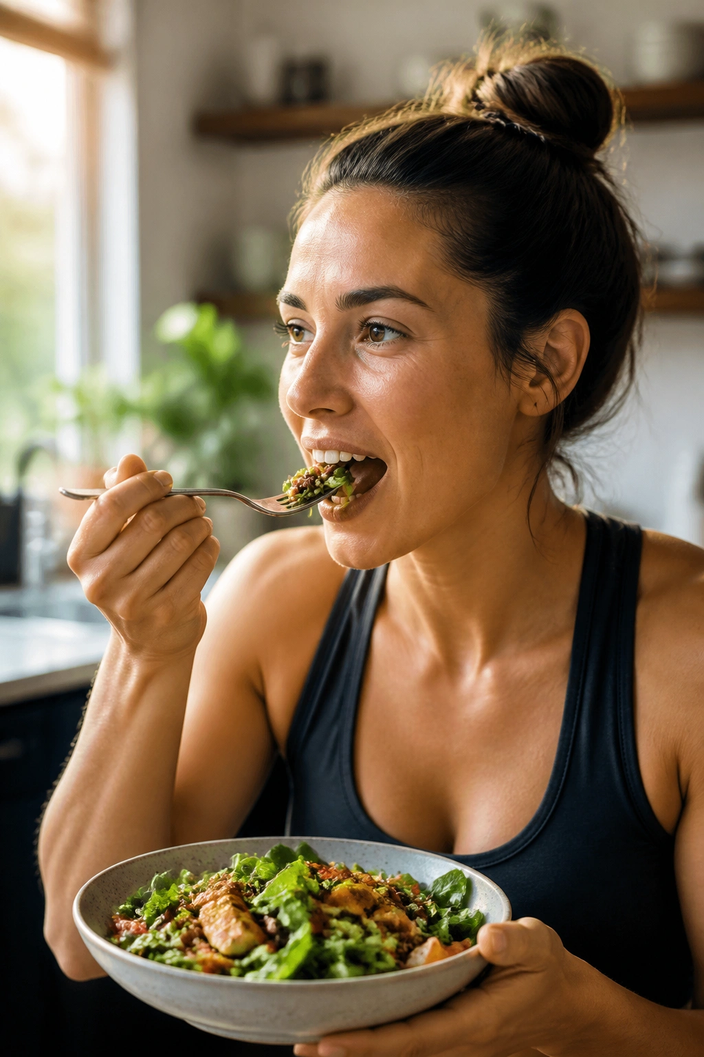 Close-up of a real person eating a nutritious meal in a sunlit kitchen