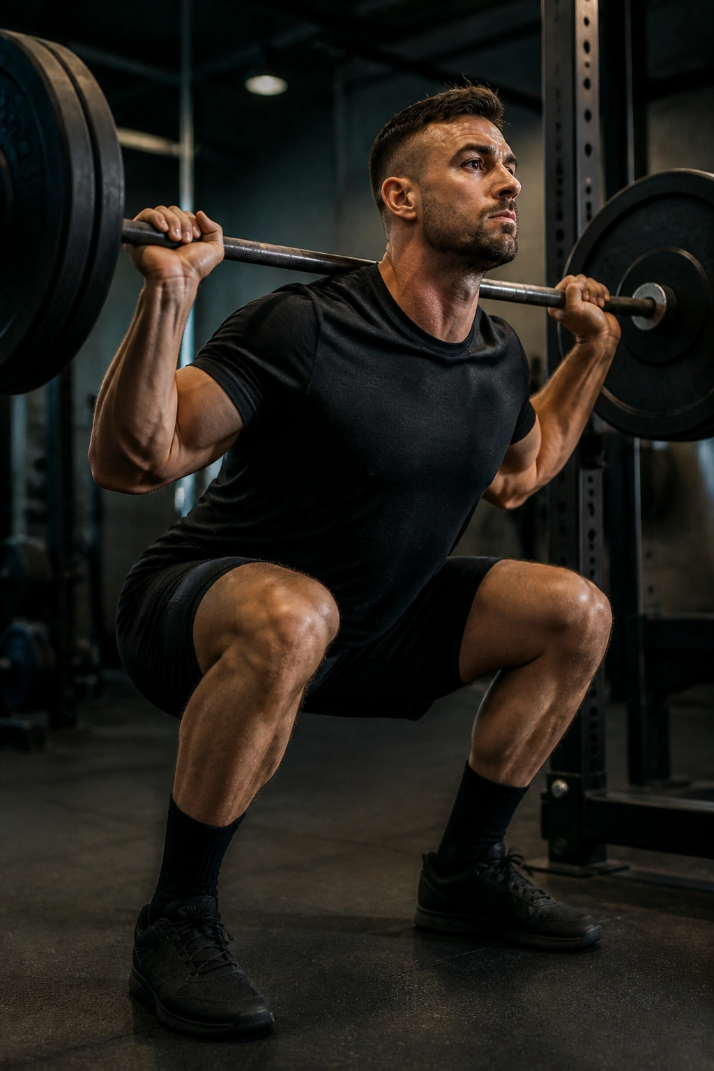 Lifter performing controlled squat descent with three-second tempo