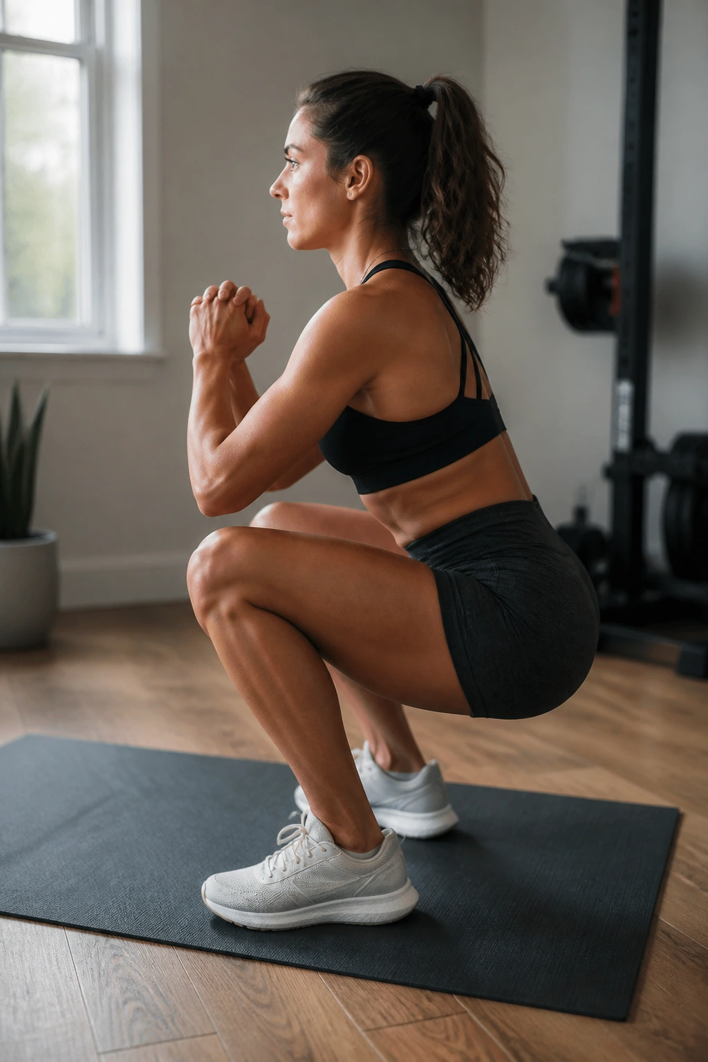 Side-profile shot of a person performing a slow-descent squat in a gym