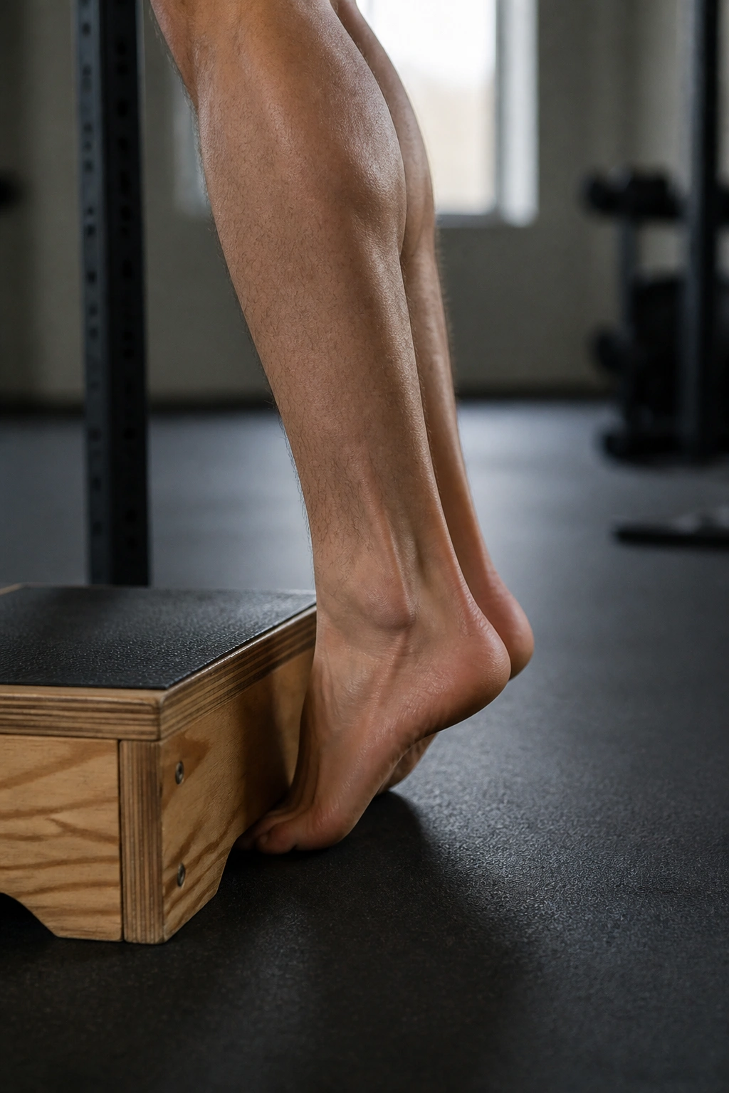 Close-up of ankle and calf performing an eccentric heel drop on a gym step