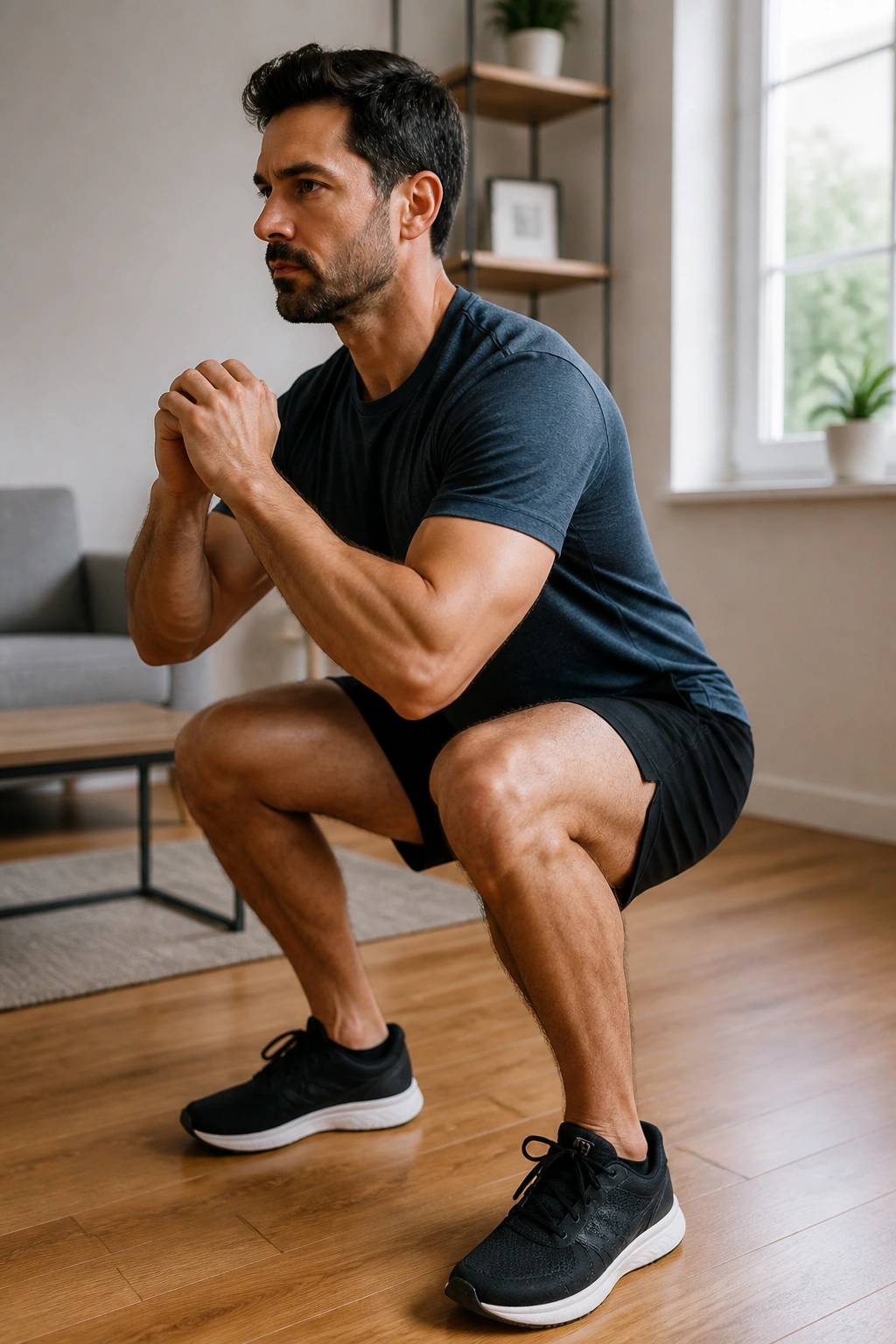 Beginner lifter performing a slow squat in a bright living room.