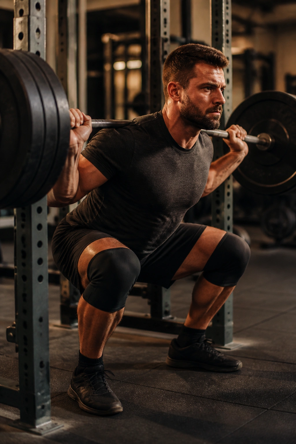 Athlete performing slow, controlled barbell descent in gym during eccentric-focused squat.