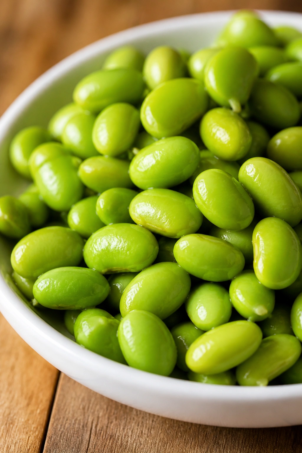 Close-up of shelled edamame in a bowl on a wooden table