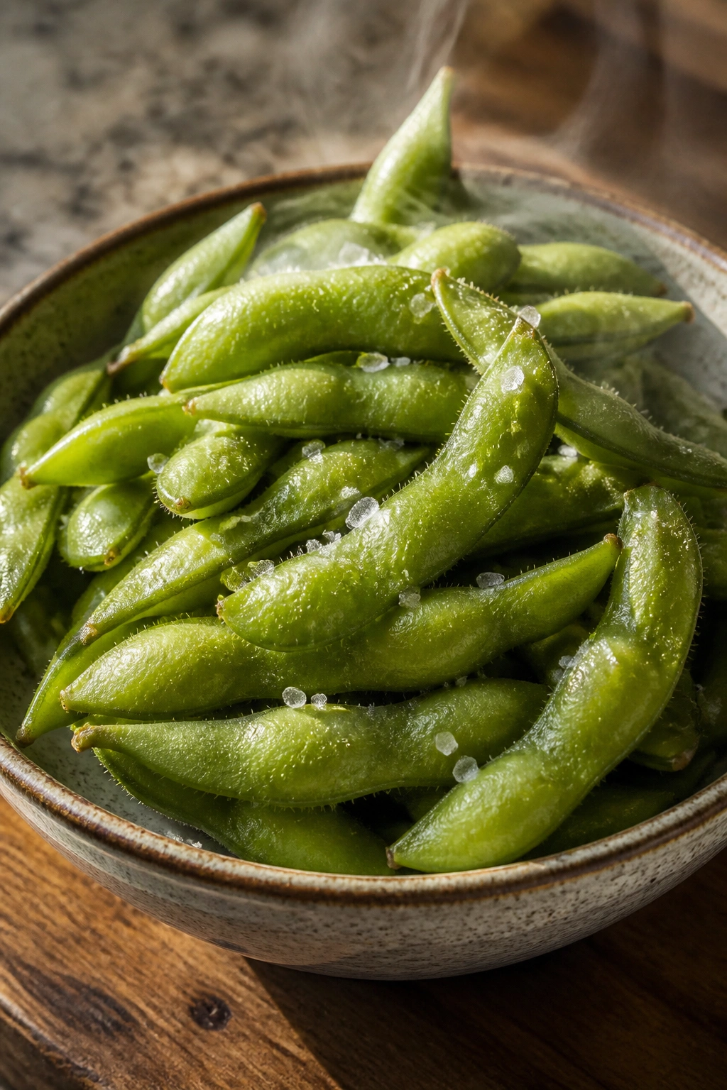 Close-up of steamed edamame pods with sea salt in a bowl