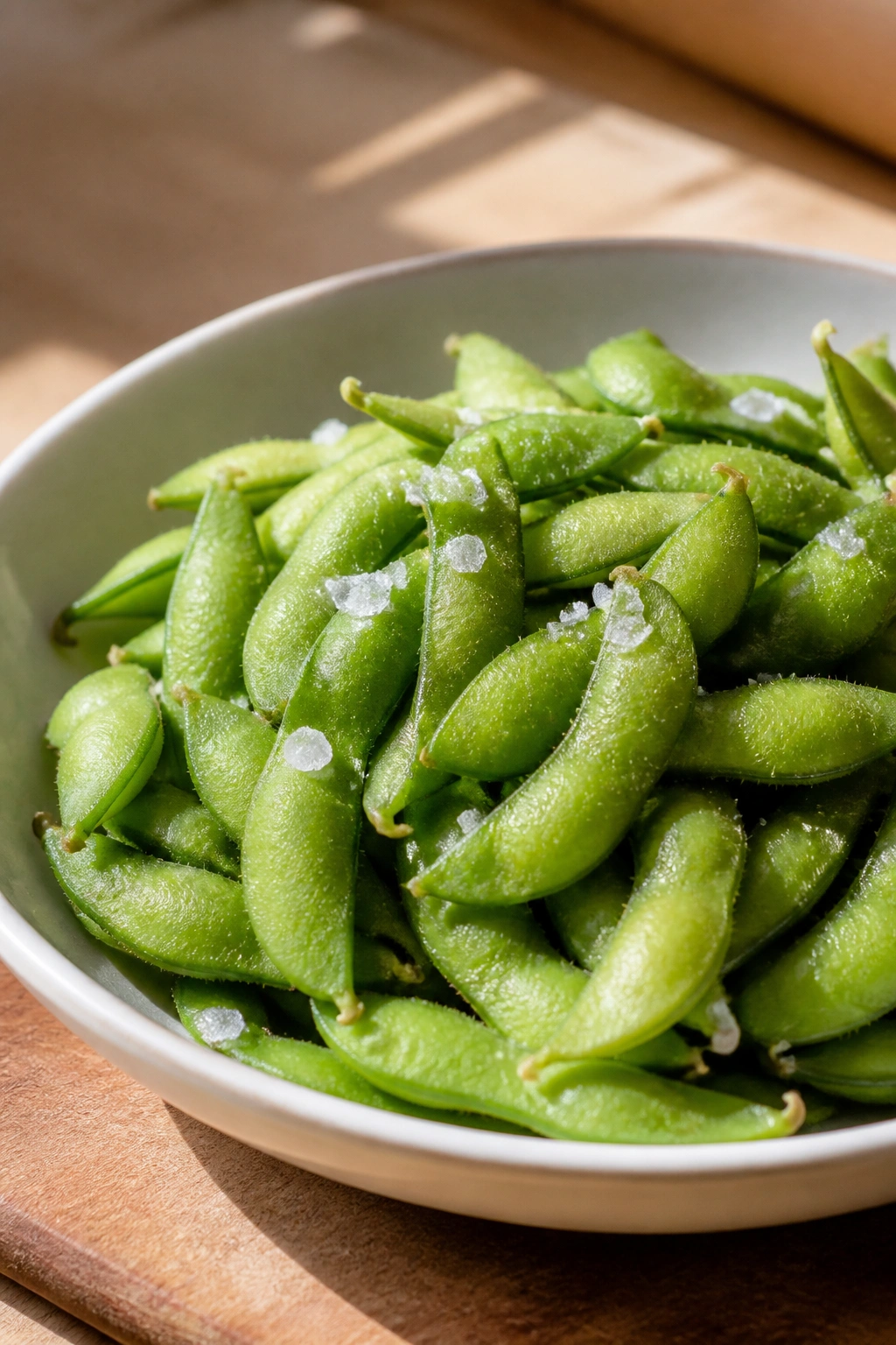 Close-up of shelled edamame with sea salt in a white bowl on a wooden counter