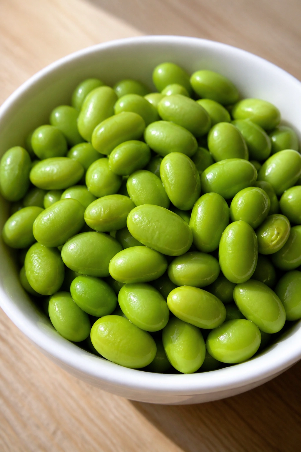 Close-up of bright green shelled edamame in a small white bowl