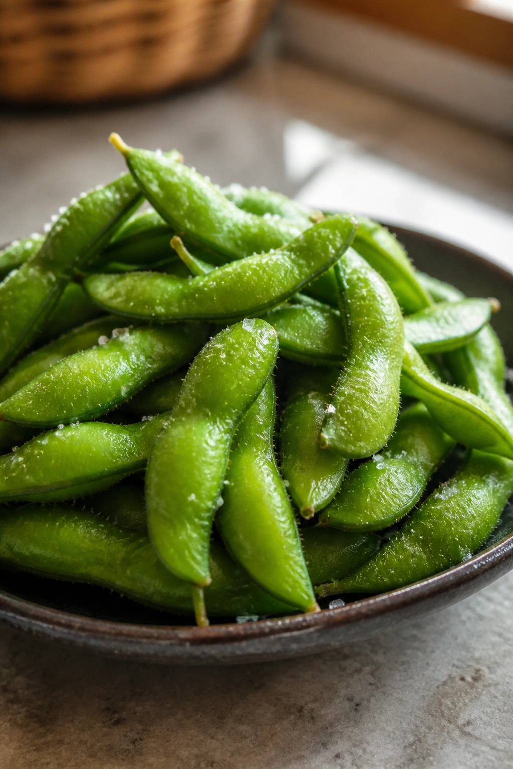 Bright green edamame in a small dish with salt