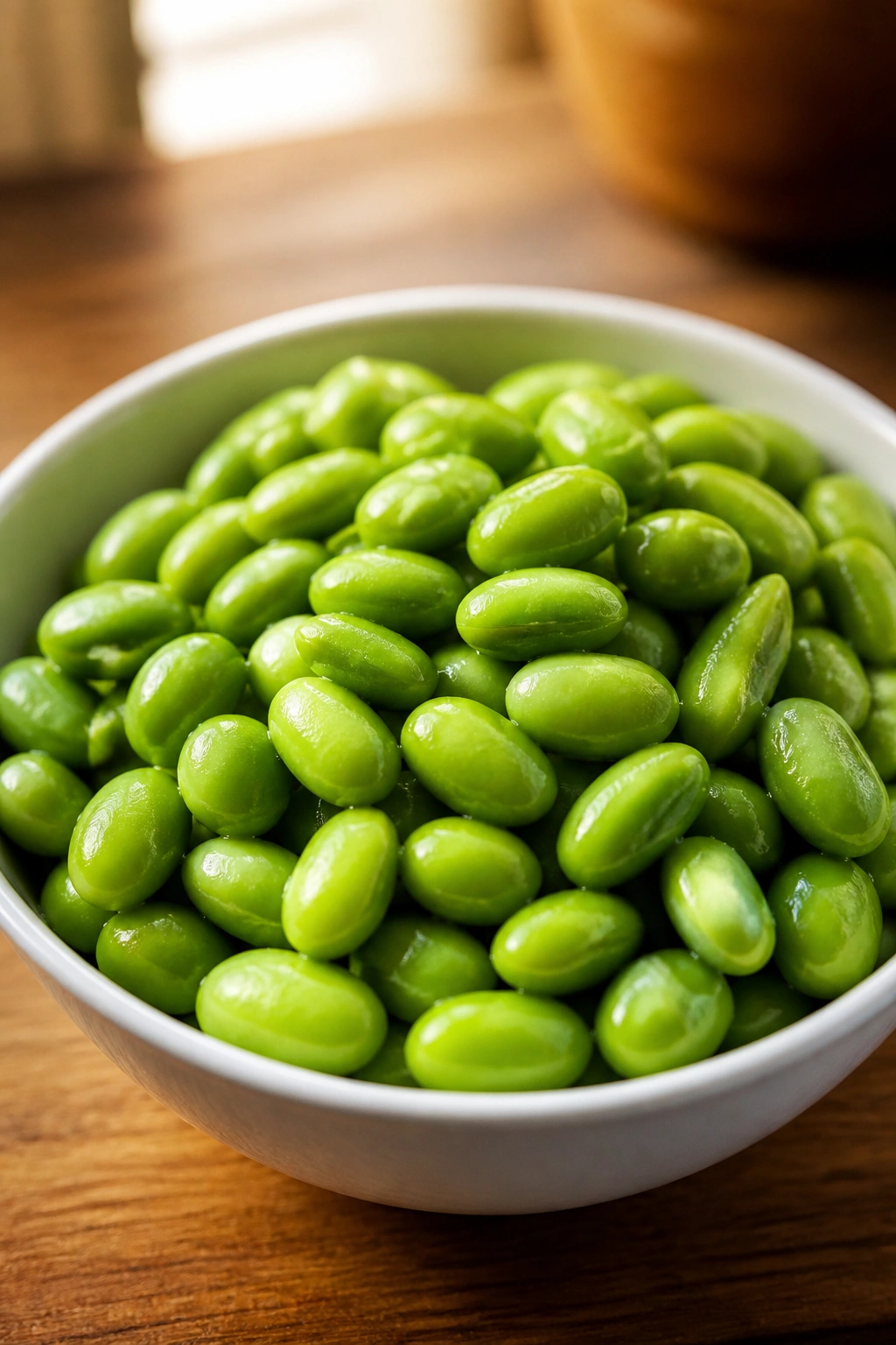 Bright green shelled edamame in a white bowl