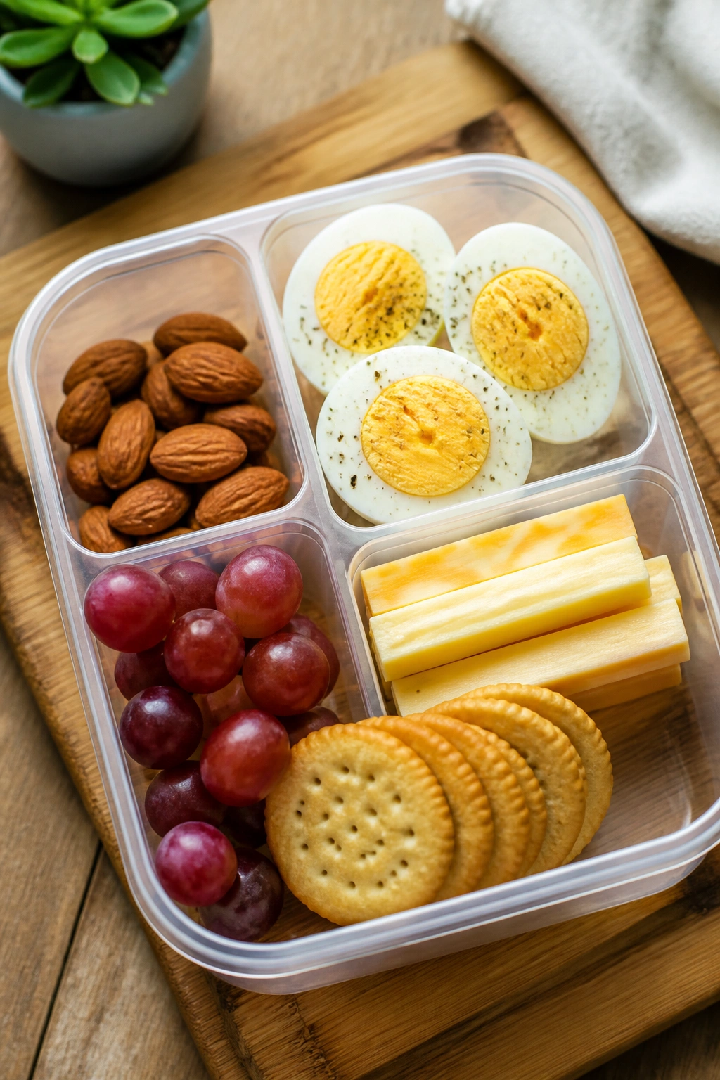 Top-down bento box with eggs and snacks