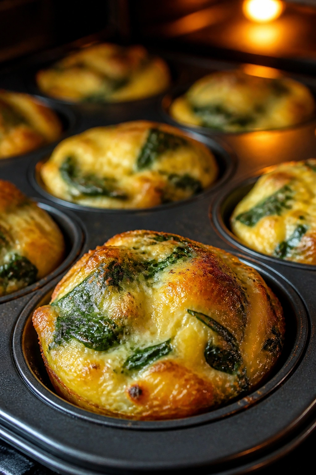 Close-up of spinach and smoked Gouda egg cups in a muffin tin